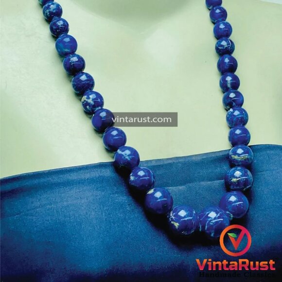 Lapis Lazuli Blue Bead Necklace, Vintage Lapis Stone Single Strand Graduated - Picture 3 of 10